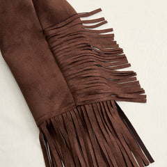 Brown suede Western tassel zip-up jacket by Christine Brewer featuring fringe tassels and a front zipper detail.
