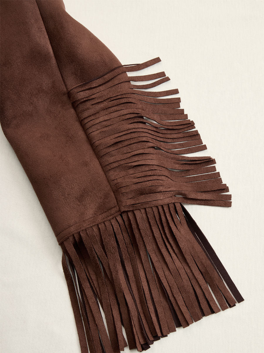 Brown suede Western tassel zip-up jacket by Christine Brewer featuring fringe tassels and a front zipper detail.
