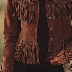 Brown suede western tassel zip-up jacket by Christine Brewer, featuring fringe tassels and a stylish western design.