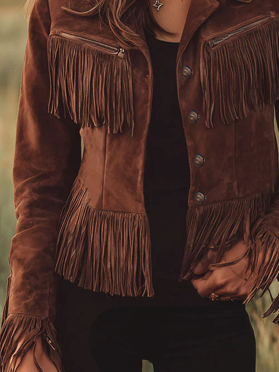Brown suede western tassel zip-up jacket by Christine Brewer, featuring fringe tassels and a stylish western design.