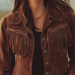 Brown suede Western tassel zip-up jacket by Christine Brewer, featuring tassel details and a stylish Western-inspired design.