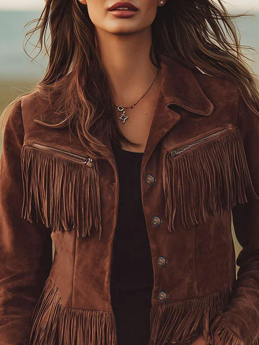 Brown suede Western tassel zip-up jacket by Christine Brewer, featuring tassel details and a stylish Western-inspired design.