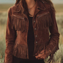 Brown suede Western tassel zip-up jacket by Christine Brewer, featuring fringe tassels and a stylish Western design.