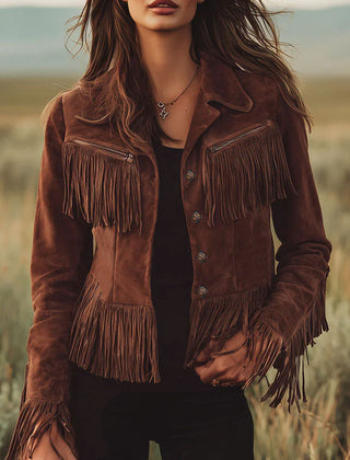Brown suede Western tassel zip-up jacket by Christine Brewer, featuring fringe tassels and a stylish Western design.