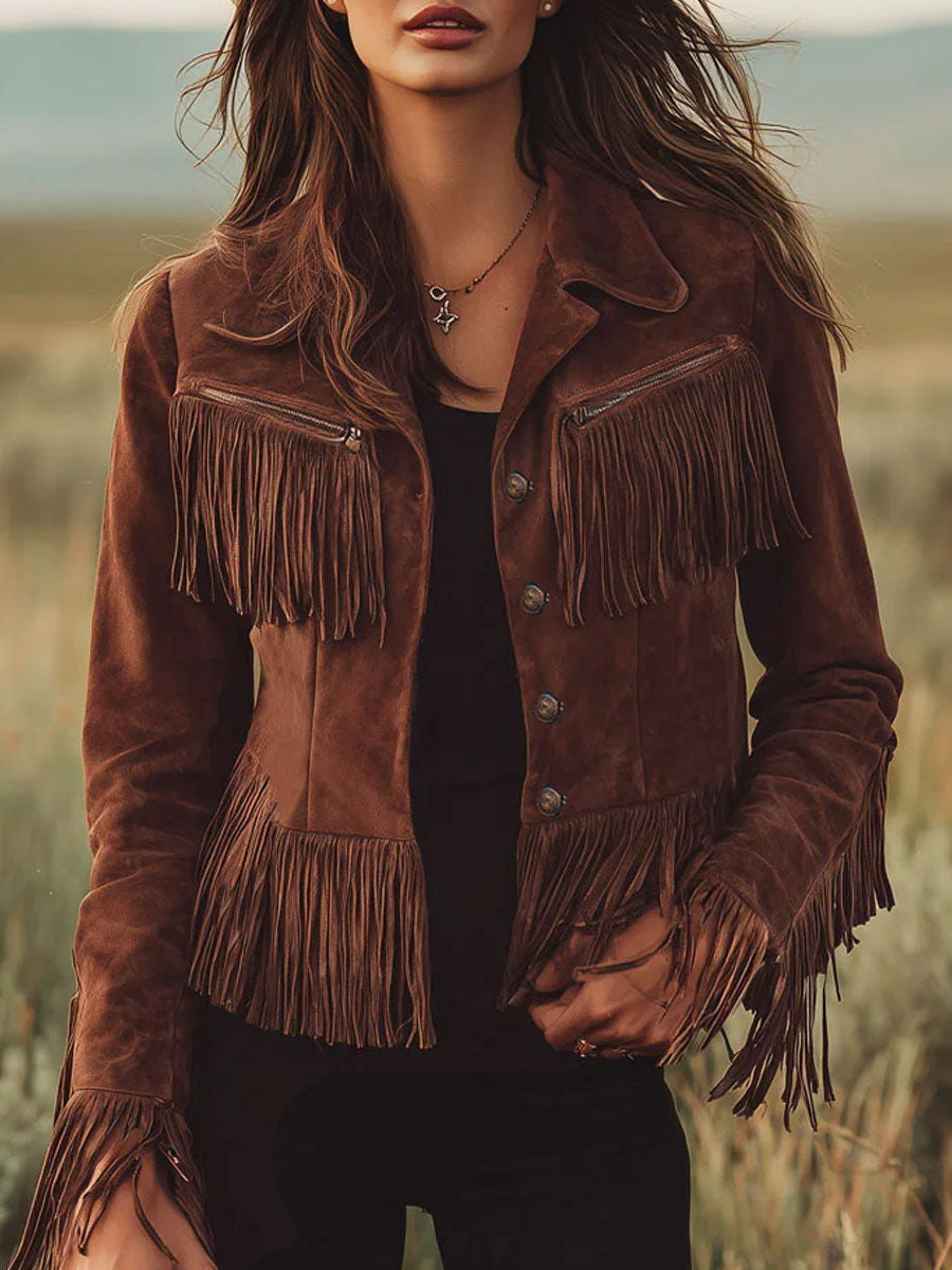 Brown suede Western tassel zip-up jacket by Christine Brewer, featuring fringe tassels and a stylish Western design.