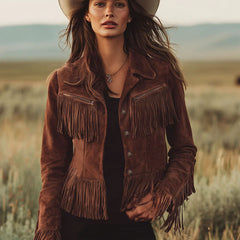 Brown suede Western tassel zip-up jacket by Christine Brewer, featuring fringe details and a classic Western style, shown on a hanger.