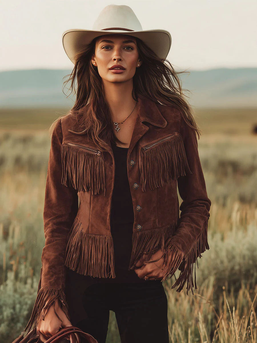 Brown suede Western tassel zip-up jacket by Christine Brewer, featuring fringe details and a classic Western style, shown on a hanger.