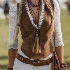 Brown suede Western shirt with lace sleeves for women by Christine Brewer, featuring a stylish and rustic design.