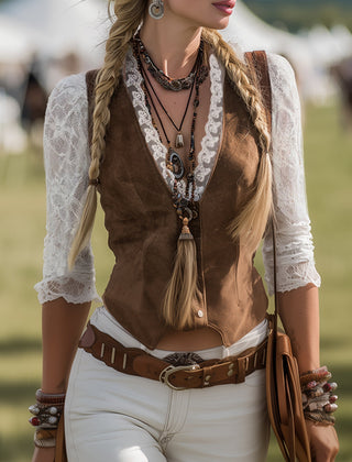 Brown suede Western shirt with lace sleeves for women by Christine Brewer, featuring a stylish and rustic design.