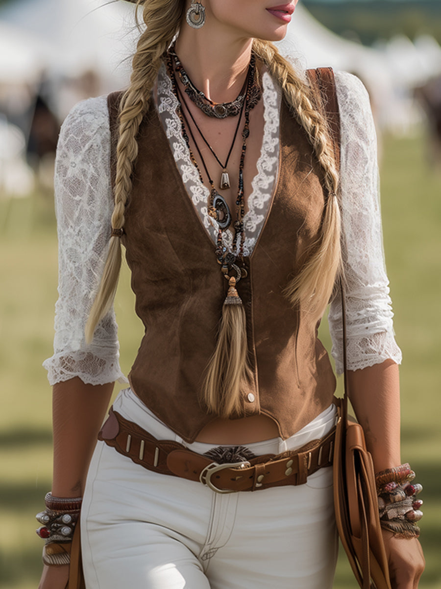 Brown suede Western shirt with lace sleeves for women by Christine Brewer, featuring a stylish and rustic design.