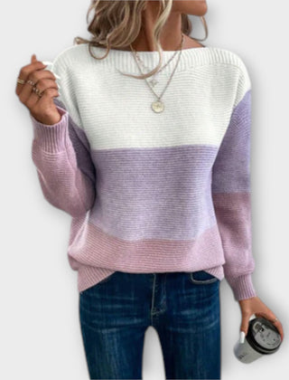 Jessica patchwork sweater for women by Christine Brewer, featuring colorful patchwork knit and cozy fit.