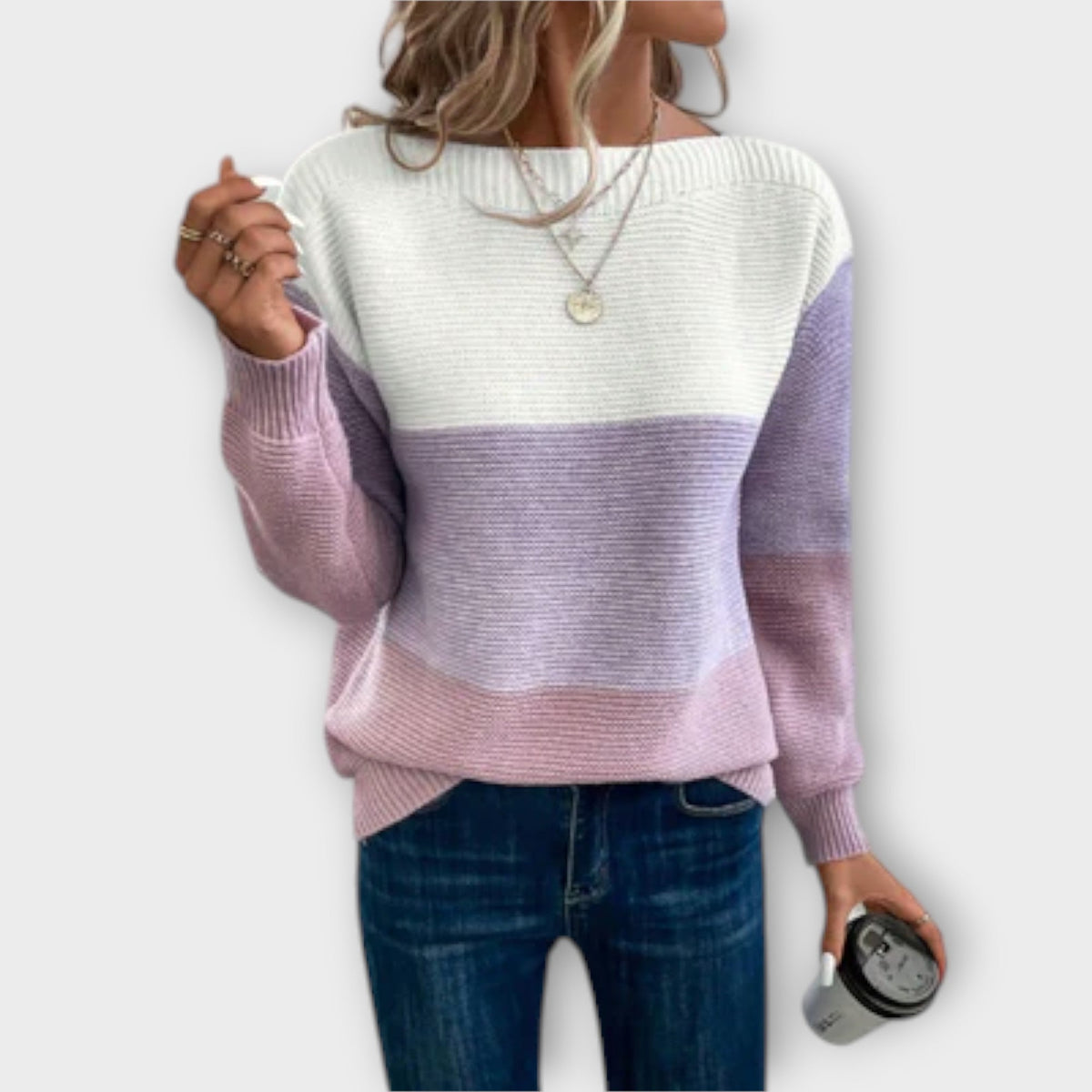 Jessica patchwork sweater for women by Christine Brewer, featuring colorful patchwork knit and cozy fit.