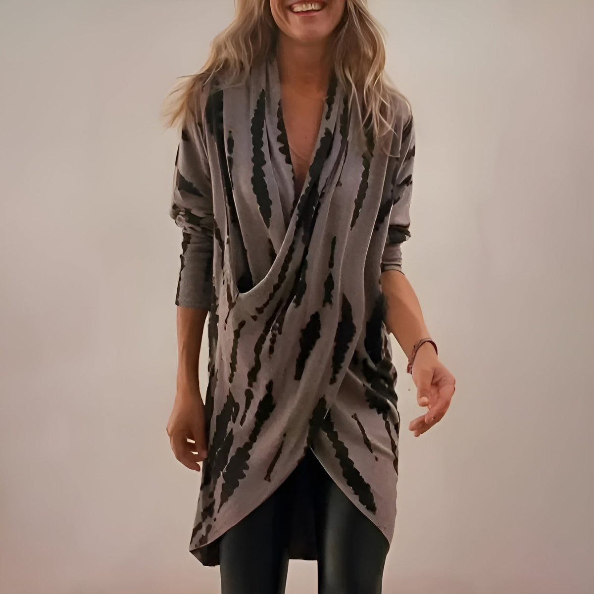 Beatrice graphic V-neck knit top for women by Christine Brewer, featuring a stylish pattern and comfortable fit.