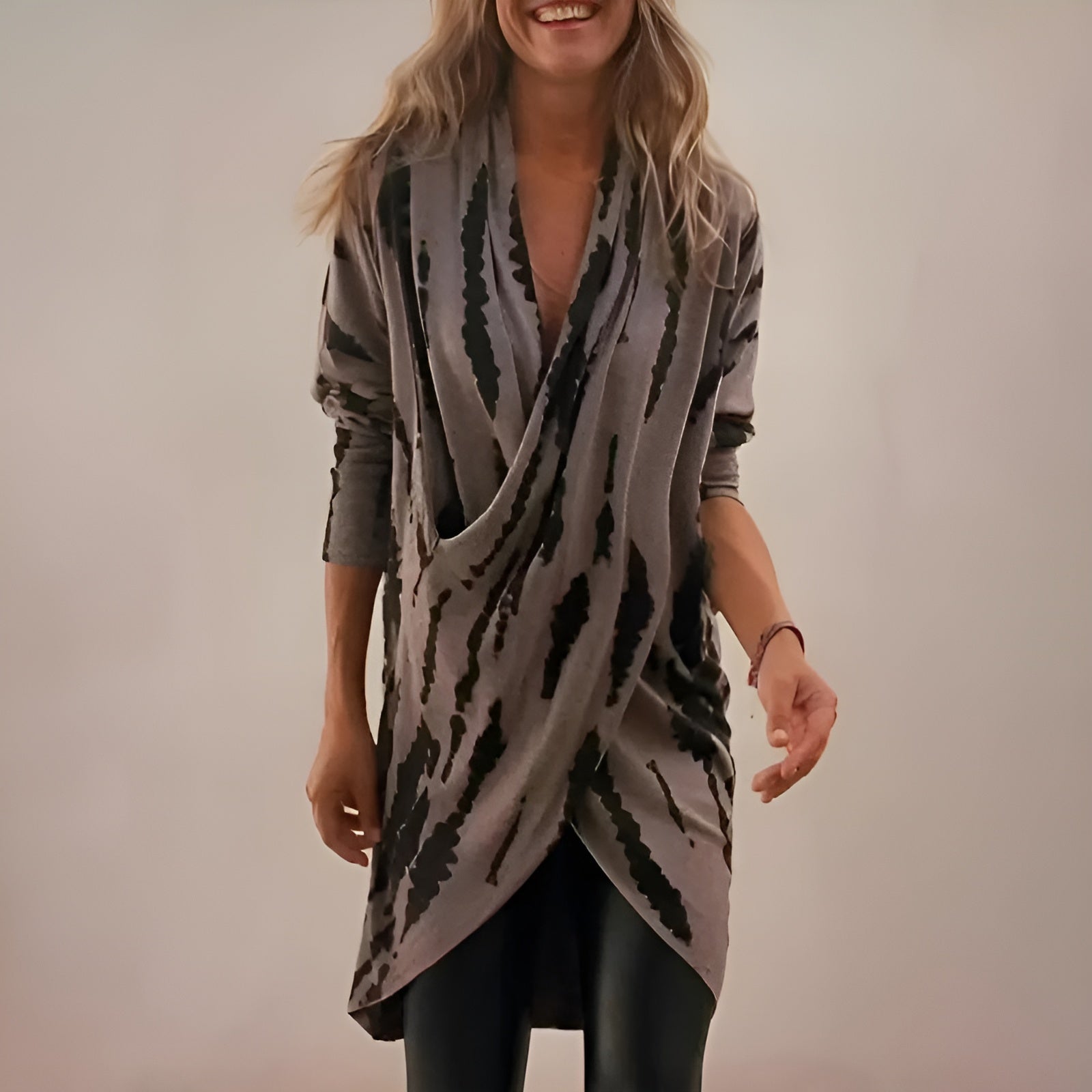 Beatrice graphic V-neck knit top for women by Christine Brewer, featuring a stylish pattern and comfortable fit.
