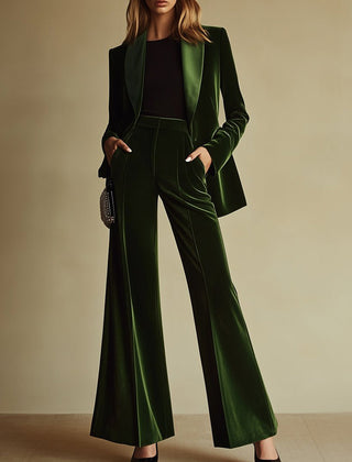 Emerald green loose velvet two-piece suit set for women with pants, by Christine Brewer, shown on a model.