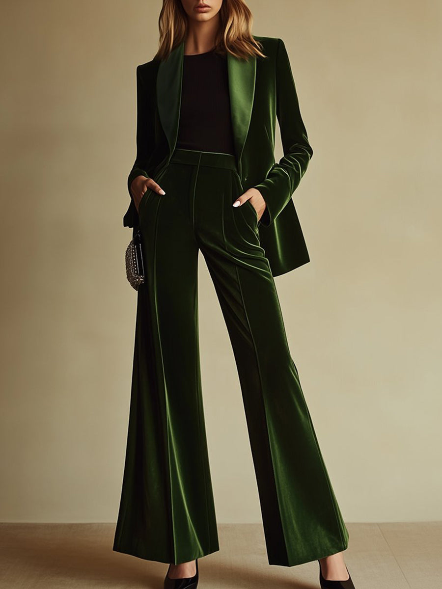 Emerald green loose velvet two-piece suit set for women with pants, by Christine Brewer, shown on a model.