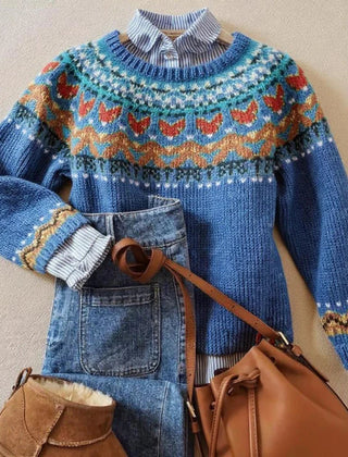 Addison Nordic sweater for women by Christine Brewer featuring a cozy knit pattern and classic Nordic design.