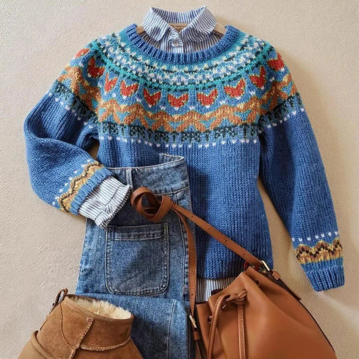 Addison Nordic sweater for women by Christine Brewer featuring a cozy knit pattern and classic Nordic design.
