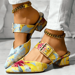 Bright rainbow-colored orthopedic women's heels from Christine Brewer Bello Brights collection, showcasing comfortable stylish footwear.