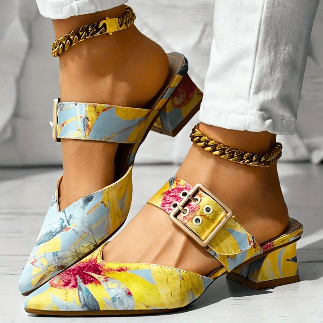 Bright rainbow-colored orthopedic women's heels from Christine Brewer Bello Brights collection, showcasing comfortable stylish footwear.