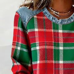 Genevieve patchwork sweatshirt for women by Christine Brewer, featuring colorful, cozy hooded sweatshirt with patchwork design.