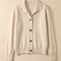 Christina Christine Brewer women's cashmere high neck cardigan, soft knit with long sleeves and button closure, in a cozy, elegant style.