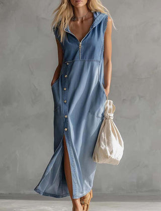 Blue denim V-neck midi dress by Christine Brewer, casual style with a fitted waist and knee-length hem, displayed on a model.