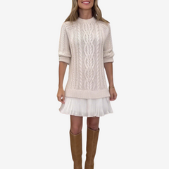 Leslie knit sweater dress for women by Christine Brewer, shown in a cozy, stylish fit with a textured knit pattern and long sleeves.
