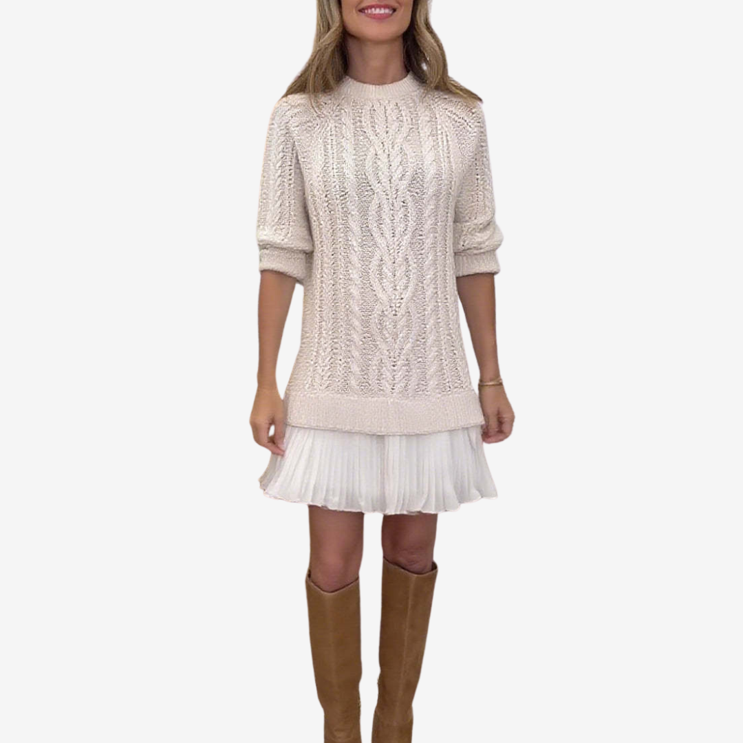 Leslie knit sweater dress for women by Christine Brewer, shown in a cozy, stylish fit with a textured knit pattern and long sleeves.