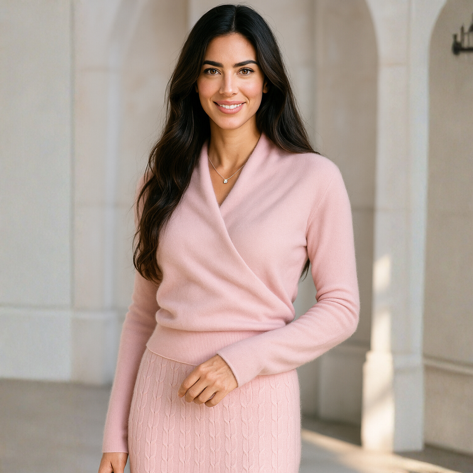 Helen cashmere sweater for women by Christine Brewer, soft beige knit with long sleeves and a cozy fit.