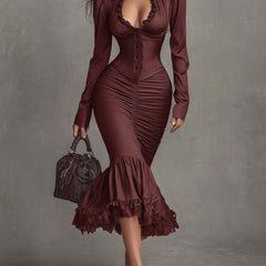 Dusty mauve lace ruched midi dress by Christine Brewer featuring elegant evening dress details and intricate lace fabric.