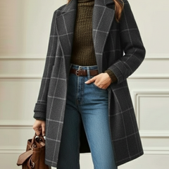 Jennifer Wool Check Coat by Christine Brewer, featuring a classic plaid pattern and tailored fit, shown on a model.