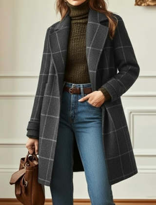 Jennifer Wool Check Coat by Christine Brewer, featuring a classic plaid pattern and tailored fit, shown on a model.