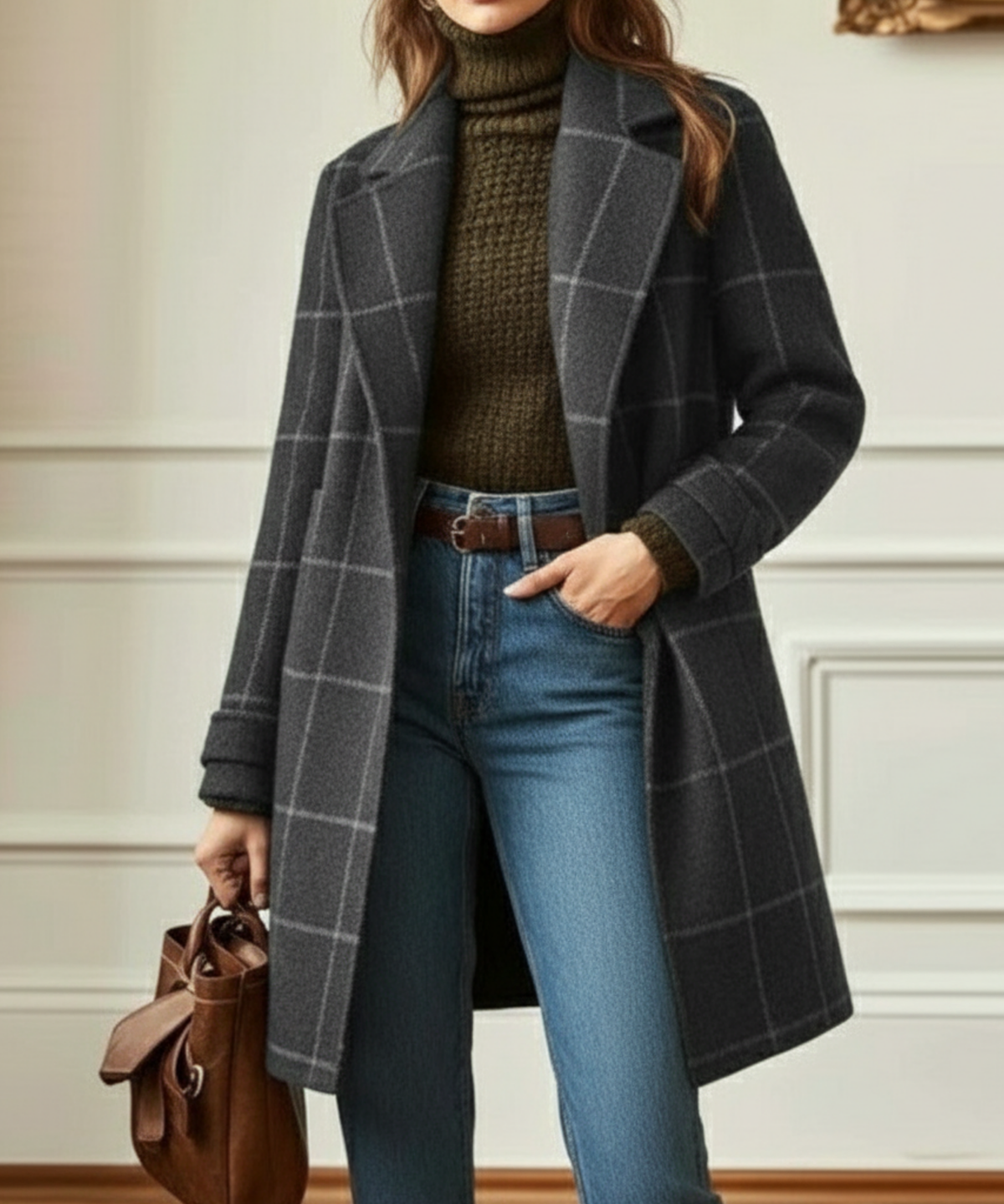 Jennifer Wool Check Coat by Christine Brewer, featuring a classic plaid pattern and tailored fit, shown on a model.