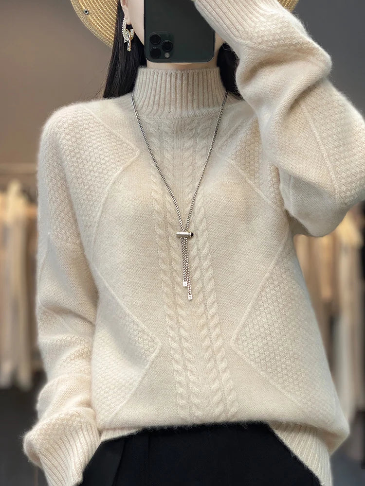 Christine Brewer Selena cable knit turtleneck sweater for women, cozy and stylish in a classic knit design.