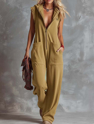 Raspberry red cotton hooded zip-front jumpsuit for women, featuring a relaxed fit and stylish design by Christine Brewer.