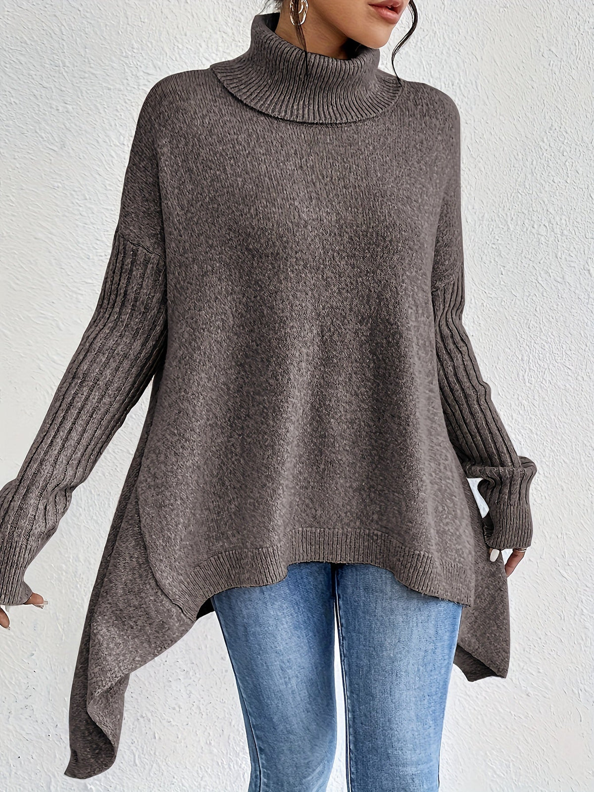 Women’s high neck sweater by Christine Brewer featuring a cozy, fitted design in soft knit fabric.