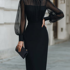 Christine Brewer high-neck sheer-sleeve pencil midi cocktail dress for women, elegant and fitted for special occasions.