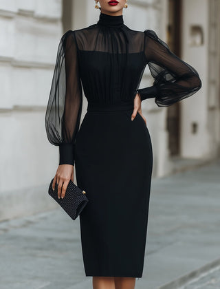 Christine Brewer high-neck sheer-sleeve pencil midi cocktail dress for women, elegant and fitted for special occasions.