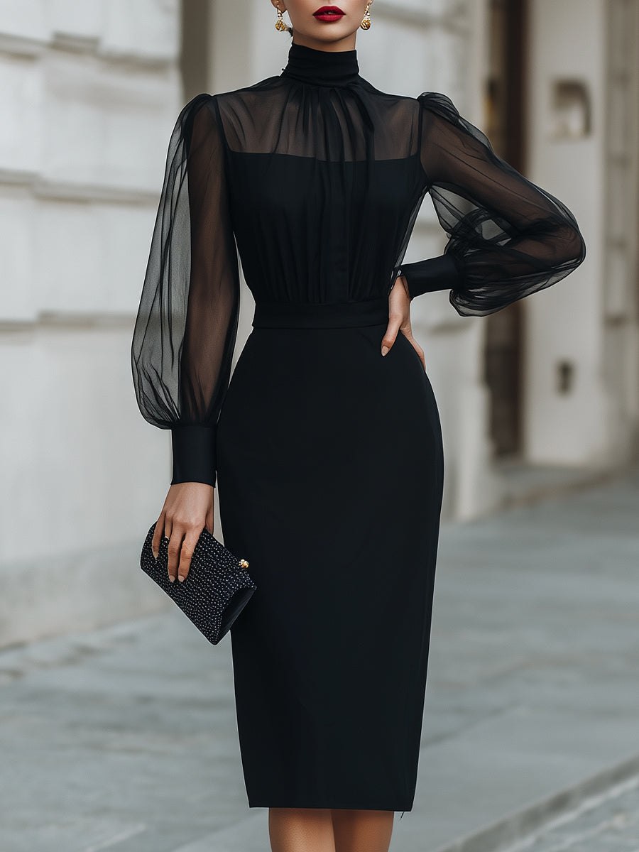 Christine Brewer high-neck sheer-sleeve pencil midi cocktail dress for women, elegant and fitted for special occasions.