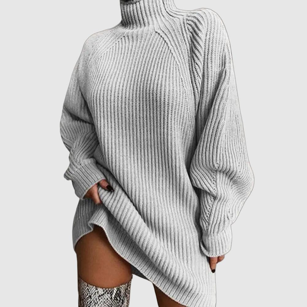 Christine Brewer Esther turtleneck knit sweater dress for women, showing a cozy, ribbed knit dress with long sleeves and a fitted silhouette.