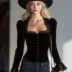 Black velvet lace long sleeve blouse for women by Christine Brewer, featuring delicate lace details and elegant fit.