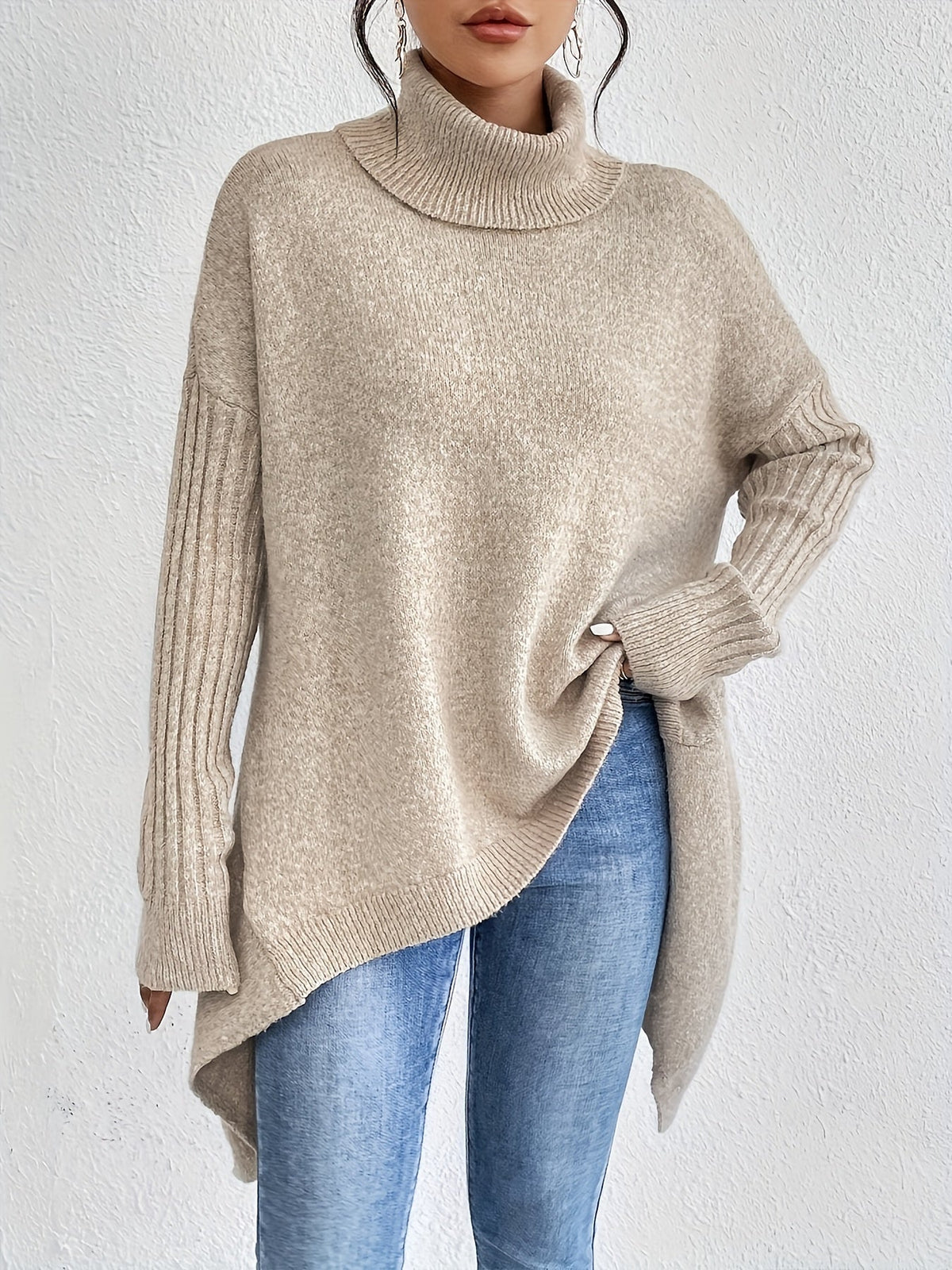Christine Brewer Bridget high neck women's sweater in soft knit fabric, featuring a cozy, fitted design and ribbed collar.