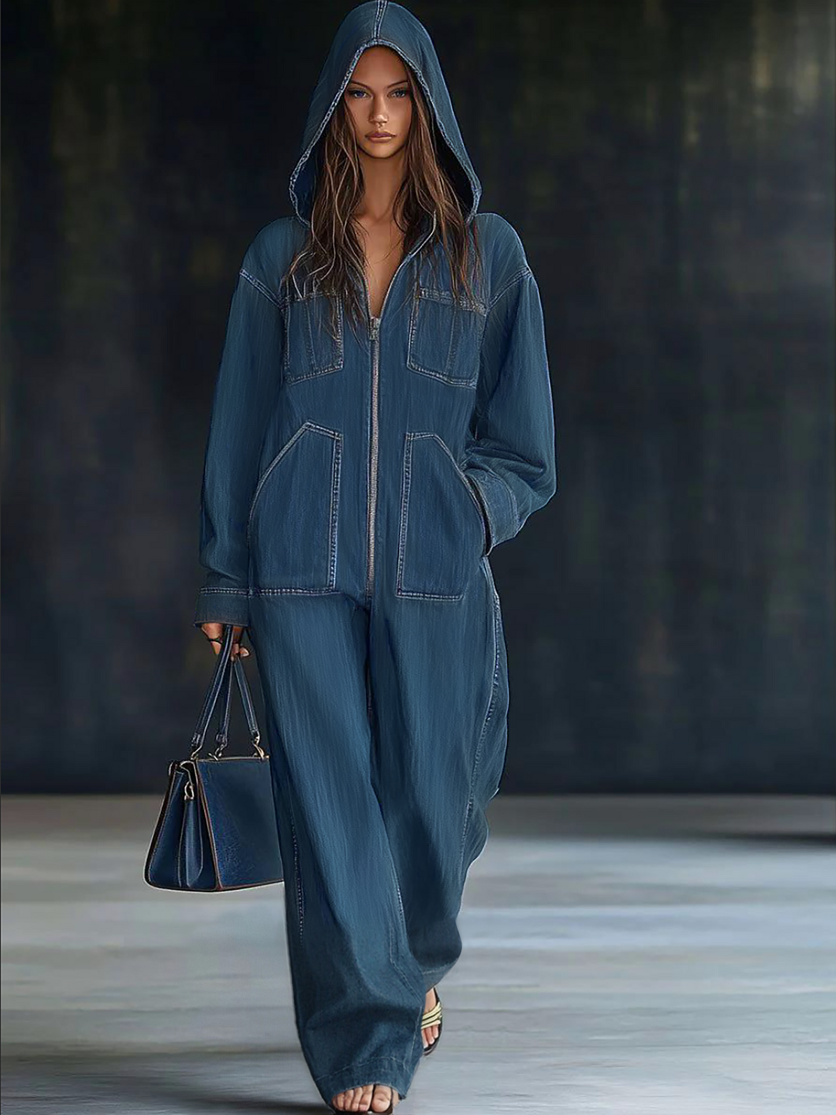Women's casual loose retro denim jumpsuit with hood, long sleeves, zipper front, and pockets by Christine Brewer.