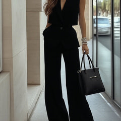 Light blue sleeveless two-piece trousers set with patch pockets for women, stylish casual pants by Christine Brewer.