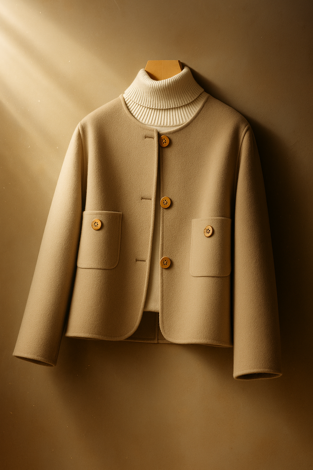 Elegant wool coat for women featuring a classic design, shown in a display image by Christine Brewer.