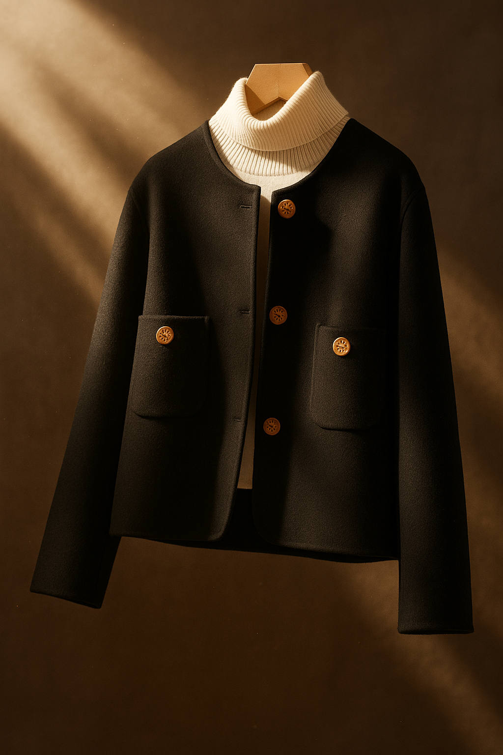Elegant wool coat for women by Christine Brewer, featuring a tailored design and classic style in a neutral color.