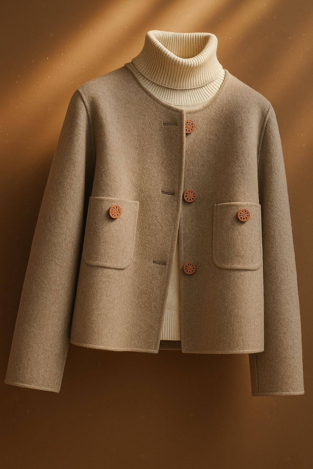 Christine Brewer Evelyn elegant wool coat for women displayed on a hanger, showcasing its classic design and tailored fit.