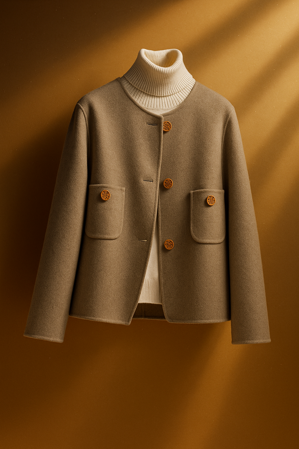 Elegant wool coat for women by Christine Brewer, shown in a display image featuring the Evelyn model in a stylish, tailored design.
