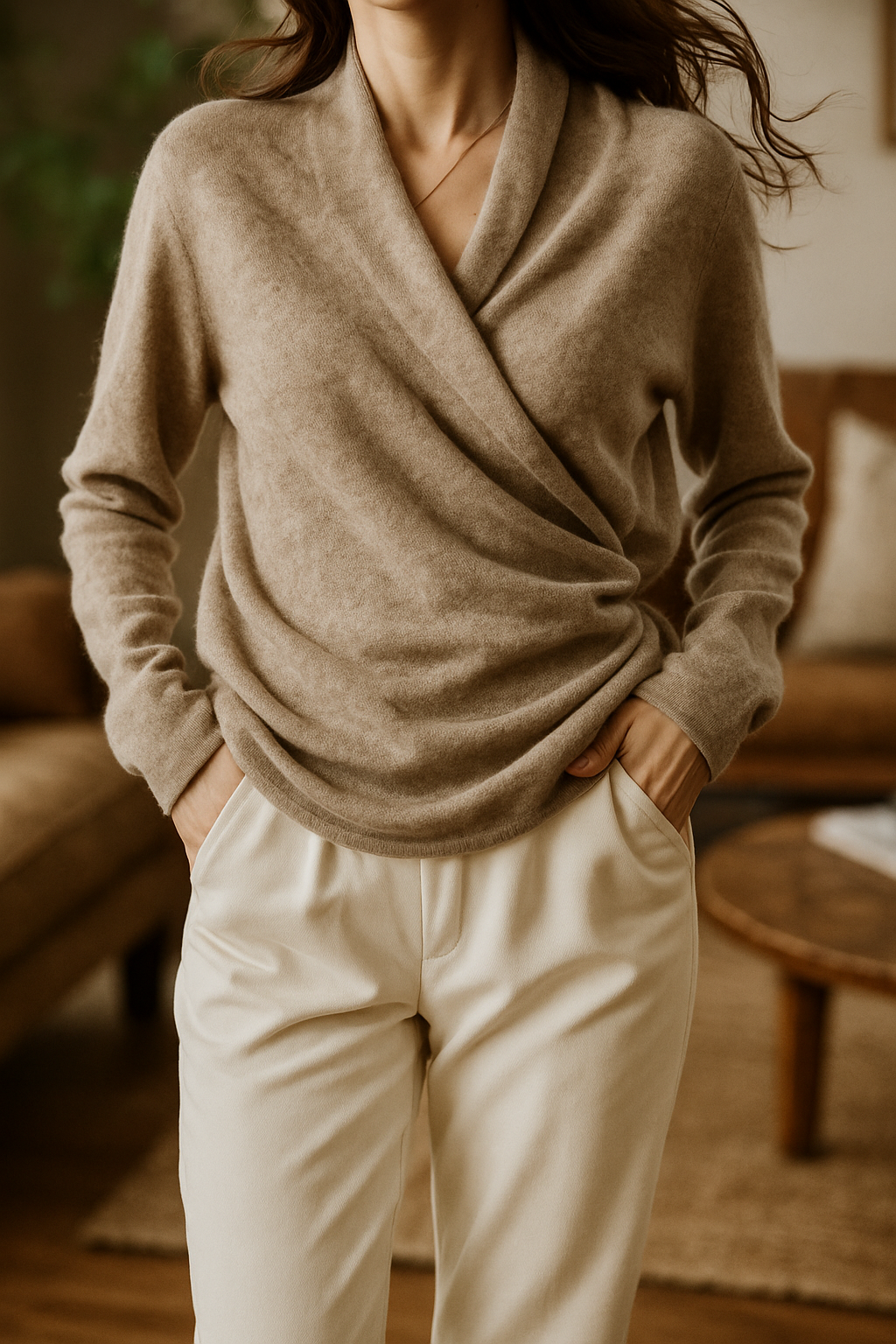 Gwen cashmere V-neck sweater for women by Christine Brewer, soft beige color, cozy knit fabric, and relaxed fit.